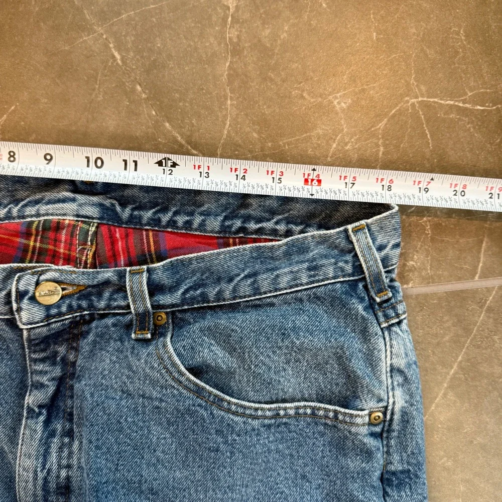 L.L.Bean Vintage Flannel Lined Jeans Blue‎ Plaid Straight Leg Denim 36 x 32